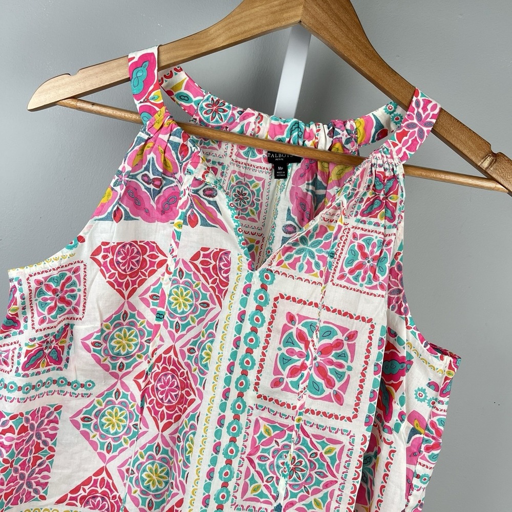 Talbots Petites Tank Top Womens MP Bright Medallion Print Halter Poplin Cotton
